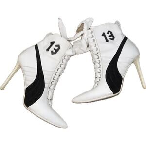 fenty puma by rihanna white & black pointed high heel leather booties - RARE